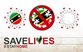 Coronavirus-Zelle mit Flagge und Karte von St. Kitts und Nevis. Stop-Covid-19-Schild, Slogan Save Lives Stay Home mit Flagge von St. Kitts und Nevis vektor