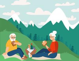 pensionerade par med picknick i bergen lycklig pension platt vektor skiss illustration. äldre man och kvinna sitter på marken.