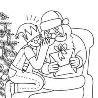 kleiner Junge flüstert im authentischen Weihnachtsmann-Ohr drinnen auf seinen Knien sitzend. lineare Malseite. Linienvektordarstellung auf transparentem Hintergrund. vektor