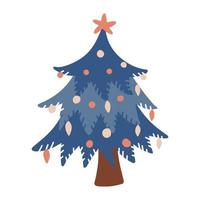 dekorerad julgran i blå färger. frihandsisolerade element. platt vektor illustration. endast 5 färger - lätt att färga om.