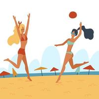två unga kvinnor som spelar volleyboll på stranden. platt tecknad vektorillustration. vänner som spelar beachvolleyboll. fritids sommaraktivitet, hälsosam livsstil vektor