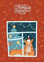 söt orange tiger ligger på en fönsterbräda i ett rum med en julgran. handritad vektorillustration med kinesisk 2022 nyårssymbol. översättning av ryska bokstäver - gott nytt år. gratulationskort vektor