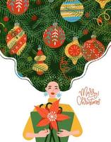 Fröhliche, glückliche Frauenfigur mit Weihnachtsgeschenkbox, weibliche Figur mit langen Haaren, die mit Weihnachtskugeln und Tannenzweigen geschmückt ist. flache karikaturvektorillustration lokalisiert auf weiß. vektor