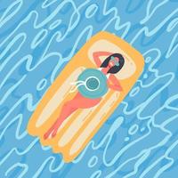 Liegendes Mädchen auf der aufblasbaren Strandmatratze in einem Pool. blaue meerwasseroberfläche. vektor flache hand gezeichnete illustration
