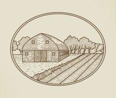 landsbygdslandskap i grafisk stil med gård och åker som ett element grafisk design för skapandet av etiketten eller varumärken. landsbygdens vektor tecken, badge logotyp mall. gårdsskiss i oval ram.