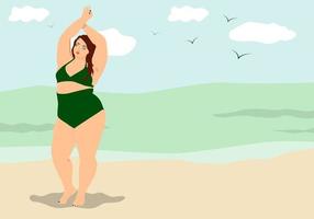 överviktig kvinna firar att höja händerna mot himlen på sommarstranden. vektor