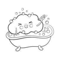 niedliche schwarz-weiße, konturgezeichnete Cartoon-Wolke, die im Badezimmer badet. Cartoon-Vektor-Illustration. kawaii, isolierte vektorillustration für kinder. Wolkenabbildung. Malseite. vektor