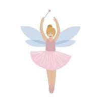 Cartoon-Feenmädchen mit fliegendem und lächelndem Zauberstab, süßes Ingwerkind in rosa und gelbem Fantasy-Outfit mit Flügeln, die bereit sind, einen Zauber zu wirken. isolierte handgezeichnete flache vektorillustration vektor