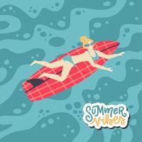 Mädchen-Surfer-Charakter, der auf Surfbrett liegt, Freizeit-Strand-Wassersport-Banner, junge Frau, die Sommerferien genießt, Vektor-flache, handgezeichnete Illustration vektor