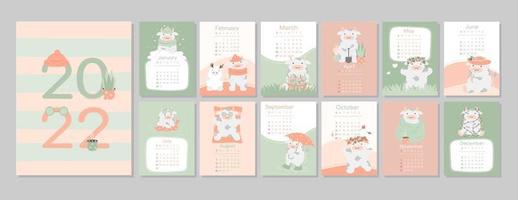 a4 kalender eller planerare 2022 kawaii rolig tecknad oxe, tjur eller ko, söta karaktärer. omslag och 12 månadssidor. veckan börjar på måndag, vektor illustration gröna och orange färger