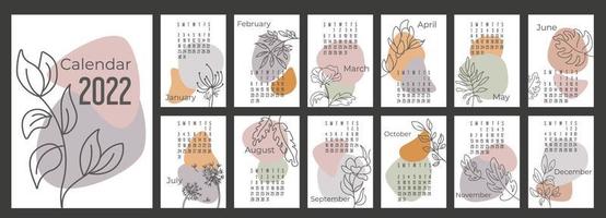 a4 kalender eller planerare 2022 trendiga abstrakta figurer med handritade botaniska blommor. omslag och 12 månadssidor. veckan börjar på söndag, vektorillustration pastellfärger a3 a2 a6 vektor