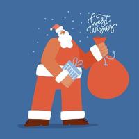 trendiger weihnachtsmann-charakter mit weihnachtssack, der geschenkbox hält. flache handgezeichnete Vektorillustration für Grußkarten und Feiertagsfahnen. vektor