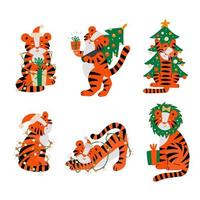 weihnachtstiger tiercharakter maskottchen des neuen jahres 2022. tiger in weihnachtsmütze, gibt geschenkbox weihnachtsbaum set. Comic-Streifen-Katze für Kalender-Clipart-Symbol. frohes neues jahr flache vektorillustration. vektor