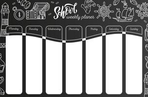 Wochenkalender auf Tafel. 7-Tage-Plan auf schwarzem Tafelhintergrund. schulzeitplanvorlage mit handgeschriebenem text, abenteuerseereisesymbole. unterrichtsplan im skizzenhaften stil mit gekritzeln vektor