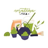 Elemente der Matcha-Teezeremonie - Seitenansicht. japanische grünteezeremonie, matcha latte oder teegetränke, teekanne und matchapulverzubereitungswerkzeuge vektorillustration. süßes dessert, kuchen mit süßigkeiten. vektor