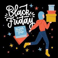 black friday flyer, plakatvorlage mit glücklicher käuferin - moderne flache vektorillustration mit frauenfigur, die nach dem einkauf mit boxen und taschen geht. flache vektorillustration mit beschriftung vektor