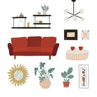 trendig skandinavisk hygge interiör i boho stil. röd soffa, hyllor, spegel, växter, lampa, heminredning. mysig inredning i vardagsrum eller lägenhet möbelset. platt vektorillustration vektor