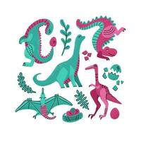 uppsättning av 5 söta dinosaurie färg handritade vektor tecken. dino platt handritad clipart. skiss jurassic reptil. pterodactyl, tyrannosaurus. isolerade tecknade illustration för barn spel, bok, t-shirt