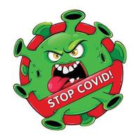 Stoppen Sie das Covid-Banner. lustiger Cartoon-Coronavirus vektor