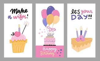uppsättning handritade platt doodle illustrationer för födelsedag gratulationskort, festinbjudningar, födelsedag webbplats banners, firande material. samling av vykort med kakor, ljus och bokstäver vektor