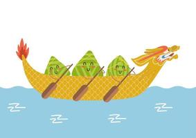 kawaii chinesische reisknödel zeichentrickfiguren. Abbildung des Drachenbootfestivals. buntes Boot im Rennen auf dem Wasser. flaches Vektordesign mit Schriftzug vektor
