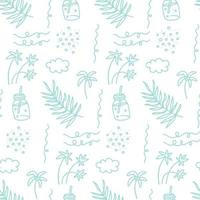 seamless mönster med havet semester element. cocktail, ö med palmer, vågor och moln. abstrakt förpackning, design och tryck. vektor linjär illustration.