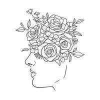 vacker kvinna ansikte med blommor svart och vit illustration på vit bakgrund vektor