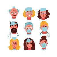 medicinsk klinik personal läkare, sjuksköterskor, kirurg huvuden set. vektor tecknade porträtt, konto profilbilder, manliga och kvinnliga ansikten. sjukhuspersonal. platt vektor illustration.