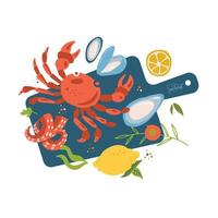 Meeresfrüchte Draufsicht auf Schneidebrett. Fischrestaurant Fischgerichte Speisen aus Krabbenfleisch, Austern, Tintenfischtentakeln und Zitrone. marine cafe meeresfrüchte menü vektor isolierte illustration.