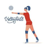 kvinnlig volleybollspelare, idrottskvinna som spelar volleyboll inomhus. idrottsmästerskapstävling. sport vektor platt illustration.