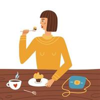 junge frau, die an einem cafétisch sitzt, cupcake isst und kaffee trinkt. weibliche Figur, die in einem Restaurant mit süßem Dessert und Tee zu Mittag isst. stilvolles Mädchen in einem Café. flache vektorillustration. vektor