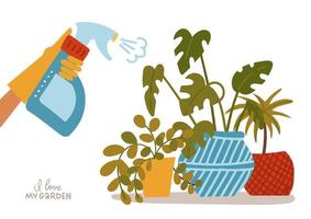 hand spraya krukväxter i krukor. vatten pulverizer symbol med hem blomma. handen håller sprayflaska för vattning av krukväxter. skötsel av krukväxter och trädgårdsskötsel inomhus. platt vektor illustration