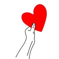 en upphöjd hand som håller ett stort rött hjärta. handritad linjekonst. semester alla hjärtans dag gratulationskort element. varmt hjärta i famnen. frivillig sjukvård. linjär vektorillustration. vektor