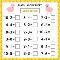 Mathe-Arbeitsblatt.Subtraktion. Bildungskarte für Kinder. vektor