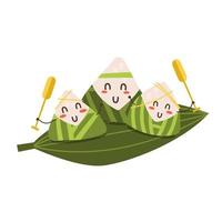 söt ris dumpling racing på bambu blad båt. drakbåt festival platt vektorillustration isolerade på vitt vektor