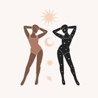 Silhouette von zwei Frauen mit Sonne und Mond. moderne minimalistische mystische astrologie ästhetische illustration. schöner böhmischer Druck der Seelenreflexion. Vektor zeitgenössische künstlerische Plakate