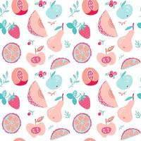 frukt och bär te seamless mönster. bakgrundsdesign för juice, te, glass, naturlig kosmetika, godis, bakverk fyllda med frukt, dessertmeny, hälsovårdsprodukter. vektor doodle illustration