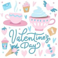 süße valentinstaggrußkarte mit herzen, paar teetassen, cupcakes und blumen. hand gezeichnete flache gekritzelvektorillustration mit linienbeschriftung vektor