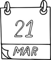 kalender hand dras i doodle stil. 22 mars. Världspoesidagen, internationell dockteater, eliminering, ras, diskriminering, down, syndrom, skogar, datum. ikon klistermärke element för design vektor