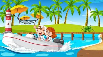 Meereslandschaft mit Kindern, die mit dem Schnellboot fahren vektor