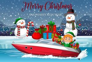frohes weihnachtsplakat mit elfen, die geschenke mit dem schnellboot liefern vektor