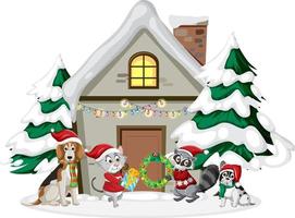 Weihnachtshaus mit niedlichen Tieren auf weißem Hintergrund vektor