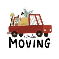 vi flyttar - bokstäver. lastbil full med diverse möbler och kartonger. konceptet att flytta till ett nytt hus. banner för flytt till nytt hem. skåpbil full med husgeråd. vektor illustration