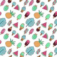 nahtlose Sommerferien-Icons-Muster mit Eiscreme, Wassermelone, Ananas und Palmblättern. vektor hand gezeichnete farbumrissillustration auf weißem hintergrund