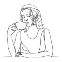 fortlaufende, einzeilige Kunstzeichnung einer Frau, die Kaffee trinkt vektor