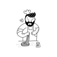 hand gezeichneter glücklicher chef, der pasta kocht und teig knetet. männliche Charaktervektorillustration kochen. vektor