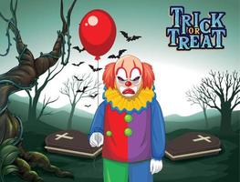 läskig clown som håller ballong på mörk kyrkogårdsskogbakgrund vektor
