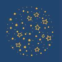 doodle stjärnor på blå bakgrund. runt nattmönster i primitiv stil. sött motiv för tryck eller dekoration. galax av klottrade stjärnor på mörk himmel. vektor