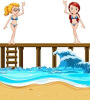 Zwei Mädchen in Badeanzügen stehen auf einem Holzsteg vektor