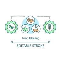 livsmedel märkning koncept ikon. produkter förpackning standarts idé tunn linje illustration. livsmedelskvalitet, säkerhetsetiketter. näringsinnehåll. vektor isolerade konturritning. edtable stroke